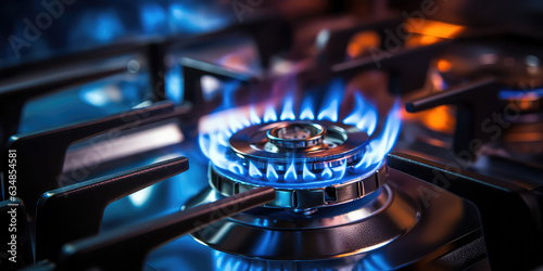 Kitchen gas stove burner with blue flame transparency. Horizontal banner with burning gas stove burner on the kitchen stove. Economic crisis, the cost of gas rising. 