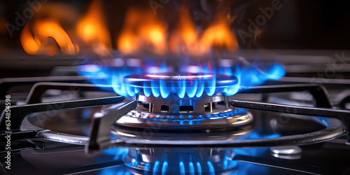 Kitchen gas stove burner with blue flame transparency. Horizontal banner with burning gas stove burner on the kitchen stove. Economic crisis, the cost of gas rising. 