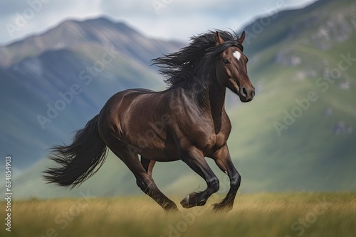 Majestic horse galloping on green plain with mountains in the background., generative IA