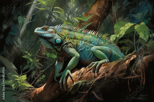 Exotic iguana emerges in the rainforest. ????, generative IA © Gabriel