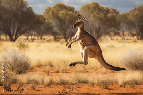Kangaroo hopping in the Australian Outback. Vast and wild., generative IA