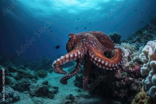 Colorful octopus dancing on sea corals., generative IA