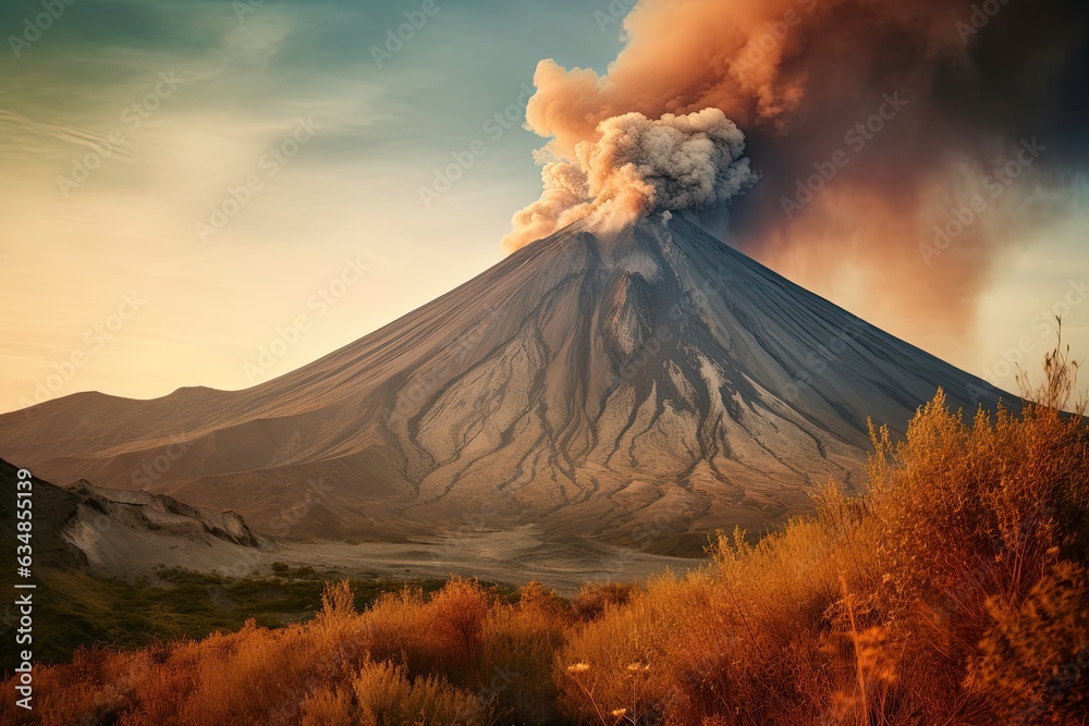 A majestic volcano erupting, a scene of strength and beauty., generative IA