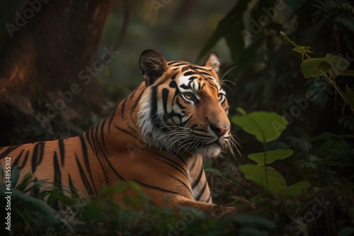 Majestic tiger rests in the jungle at dusk., generative IA
