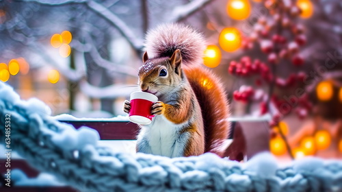 A cheerful cute squirrel in a knitted hat drinks cocoa from a cup against the background of a winter forest with fir trees, snow and colorful lights. Postcard for the New Year holidays.Generative AI © Evgeniya Uvarova