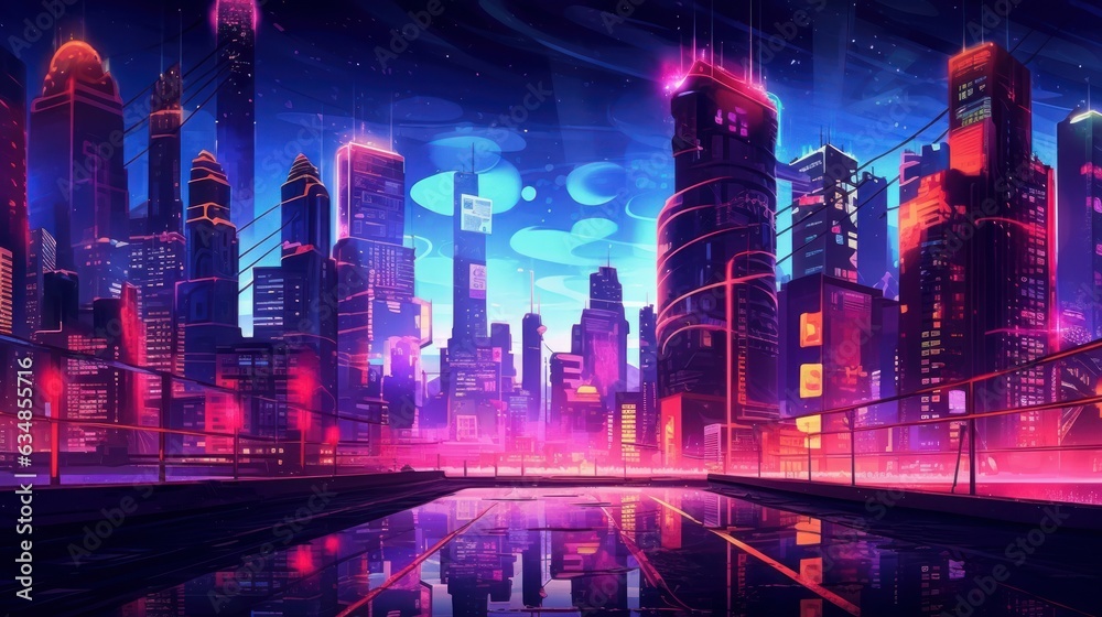 Neon Background with Neon Cityscape. AI generated