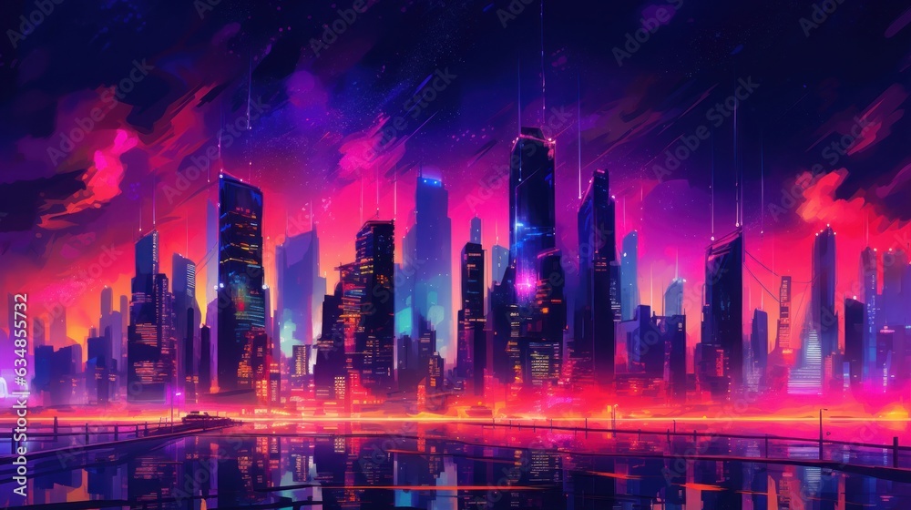Neon Background with Neon Cityscape. AI generated