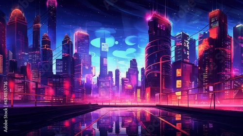 Neon Background with Neon Cityscape. AI generated