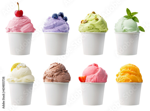 Colorful ice cream scoops with decor in cups on a transparent background. Generative AI