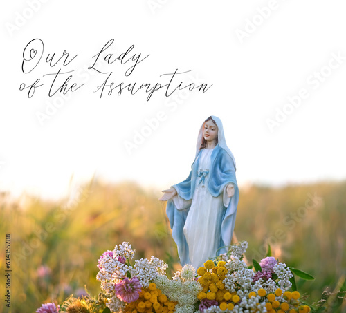 Our Lady of the Assumption card. Grace Virgin Mary figurine and sacred herbs close up on meadow, abstract natural background. Blessed praying Mother of God statue. Herbal consecration religion ritual photo