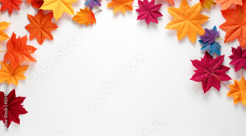 Colorful autumn leaves with a blank area in the middle, in the style of minimalist backgrounds