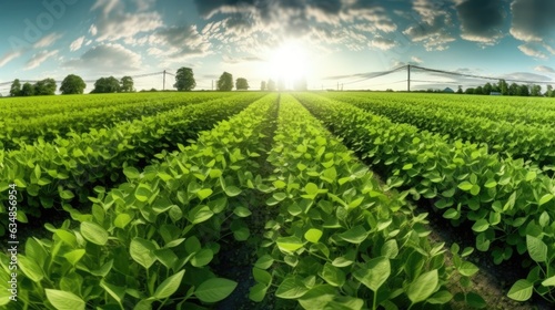 Green soybean crop plants in an industrial agriculture panorama of a farm