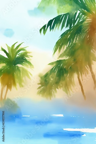 A Painting Of A Beach With Palm Trees