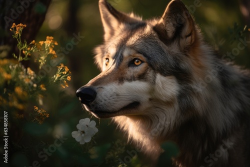 Fluffy wolf in enchanted forest surrounded by butterflies.  generative IA