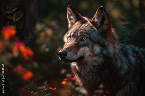 Fluffy wolf in enchanted forest surrounded by butterflies., generative IA
