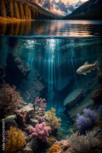 An Underwater View Of A Mountain Lake And A Fish