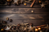 Christmas decorated wooden background with copyspace, frame composition. Generative AI