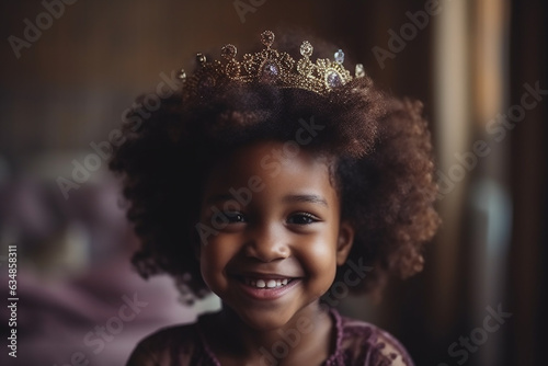 Smiling pretty little afro-american girl in a crown. Generative AI