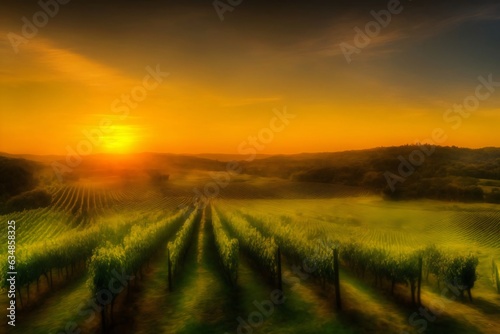 A Painting Of A Sunset Over A Vineyard