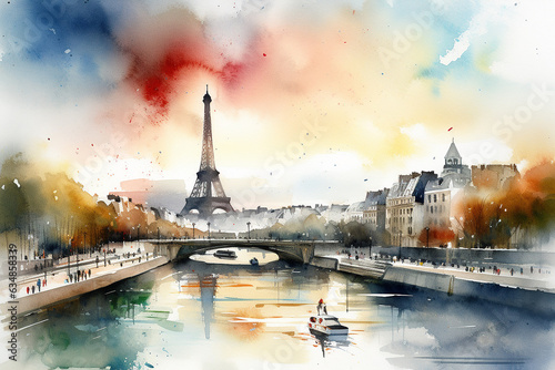 Watercolor drawing of Paris with the Tour Eiffel symbol. Generative AI