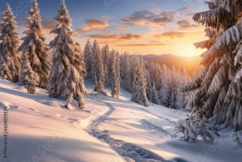 Gorgeous early morning winter scene with snow covered pine trees. In a winter alpine valley, natural beauty at its best. Soft light effects that are breathtaking in a natural setting