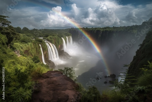 Majestic waterfalls  rainbows  lush nature.  generative IA