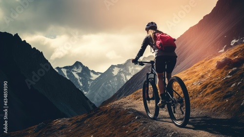 A female bicyclist riding in a mountainous terrain. Extreme cycling. Cycling sport © masyastadnikova