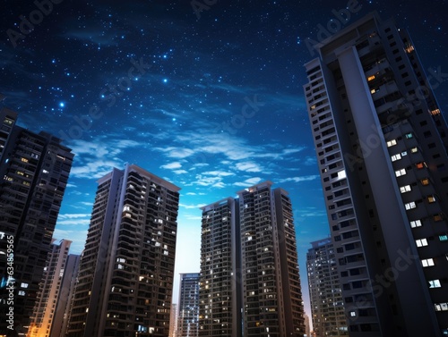 A city at night with a sky full of stars. Generative AI.