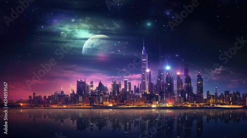 A view of a city at night with a full moon in the sky. Generative AI. © Natalia