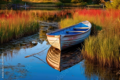 From the top, a colorful rowboat on Little Mill Pond in Chatham, Massachusetts. Horizontal photo