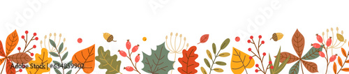 Autumn leaf fall horizontal banner. Thanksgiving and Harvest Day. Border with hand drawn cute colorful leaves. Vector illustration.