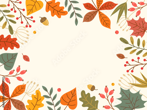 Autumn, Thanksgiving and Harvest Day frame with hand drawn colorful leaves, berries, acorns. Fall seasonal background with cozy elements. Vector illustration.