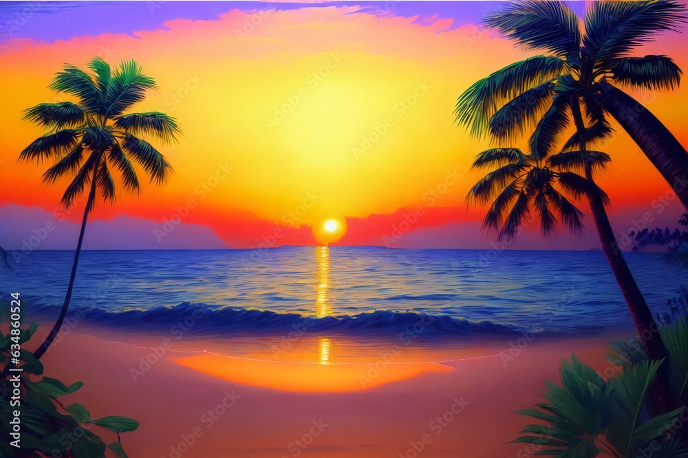 A Painting Of A Sunset On A Tropical Beach
