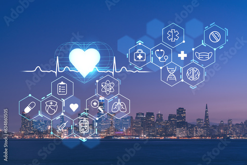Skyline of San Francisco Panorama at Illuminated night time from Treasure Island, California, United States. Health care digital medicine hologram. The concept of treatment and disease prevention