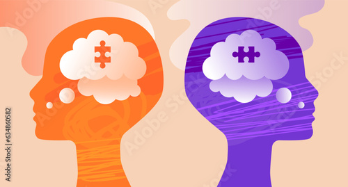 Communication Problem Concept. Conflict. Two Heads With Brain Looking Opposite Side. Two heads with brain each one looking into opposite direction. Separation and conflict