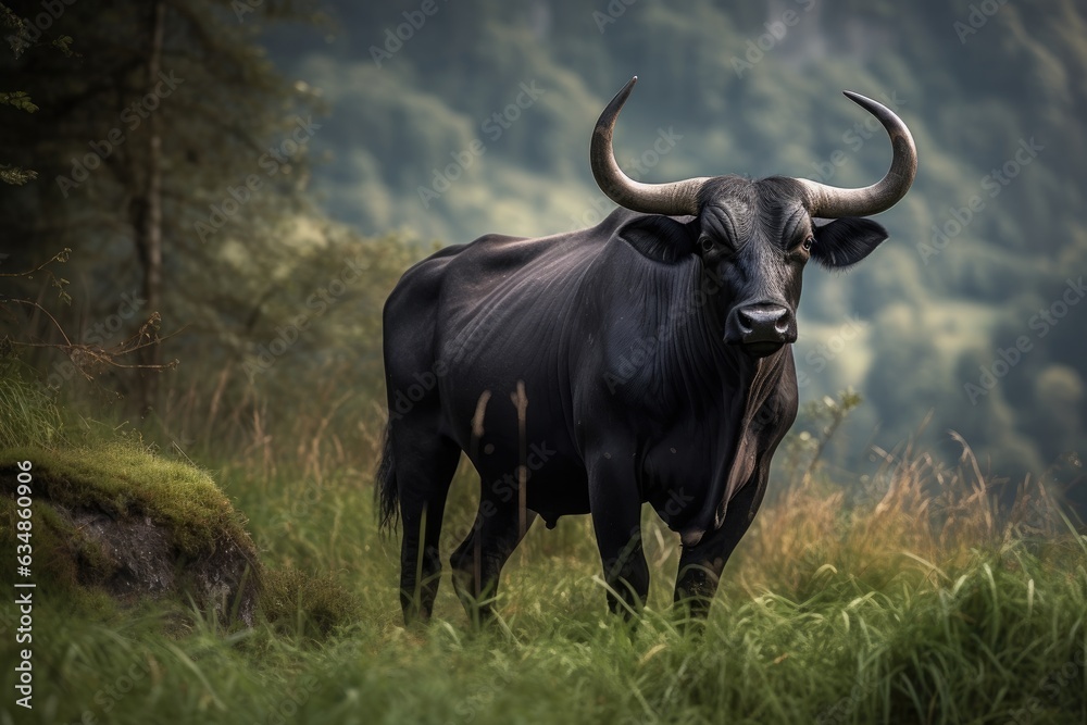 Majestic bull standing tall in countryside., generative IA