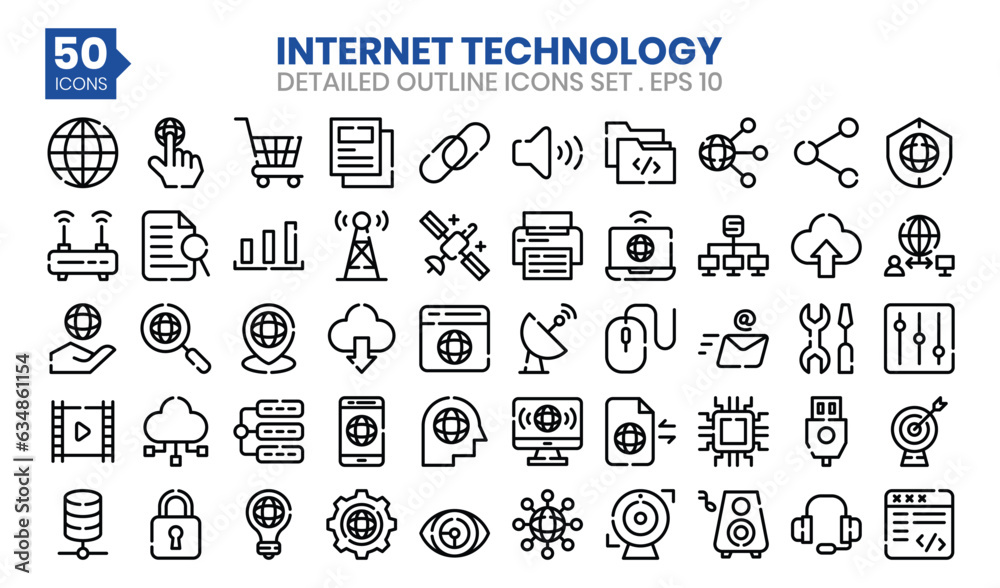 Internet Technology (outline) icons set. The collection includes business and development, programming, web design, app design, and more.