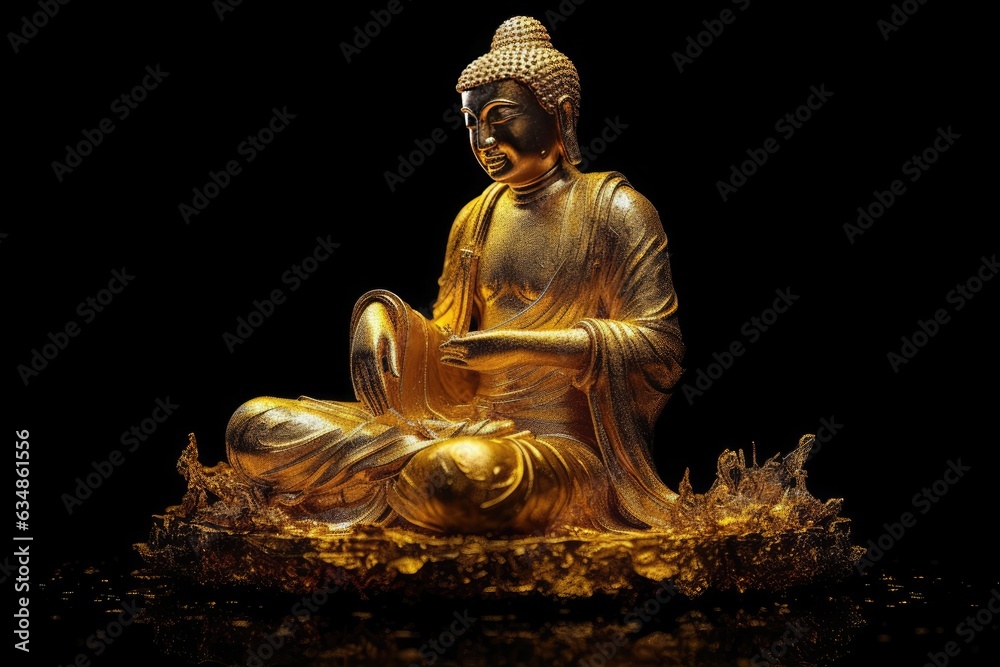 Golden statue surrounded by glittering treasures in mysterious setting., generative IA