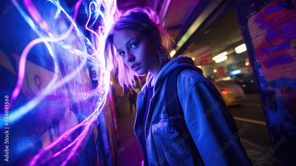 A woman standing in front of a wall with neon lights. Generative AI. A woman standing in front of a wall with neon lights. Generative AI.