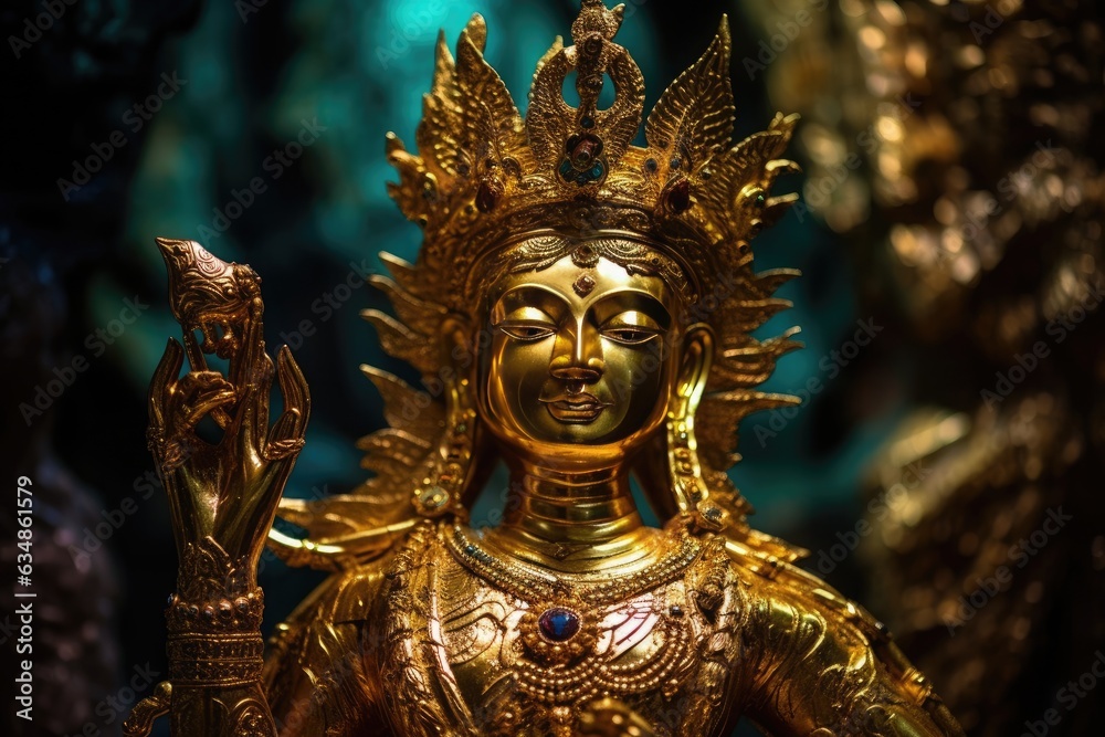 Golden statue surrounded by glittering treasures in mysterious setting., generative IA