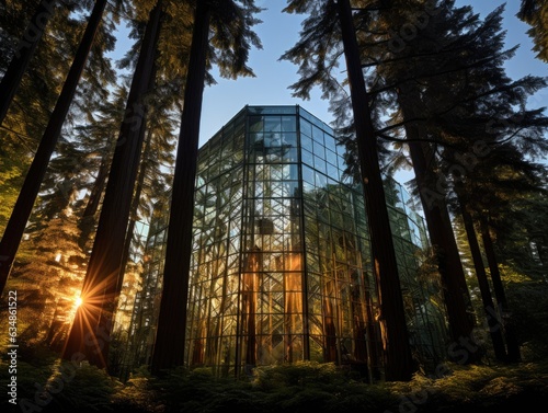 A tall glass building in the middle of a forest. Generative AI.