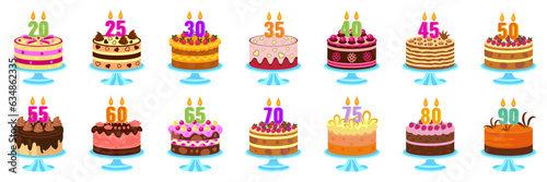 Set of cakes with burning candles for a birthday, anniversary. Number candle. Vector.
