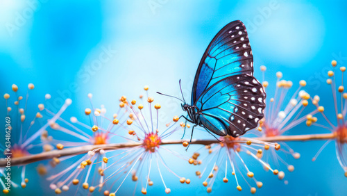 Macro Photo of Ulysses Butterfly in single flower on blue background 