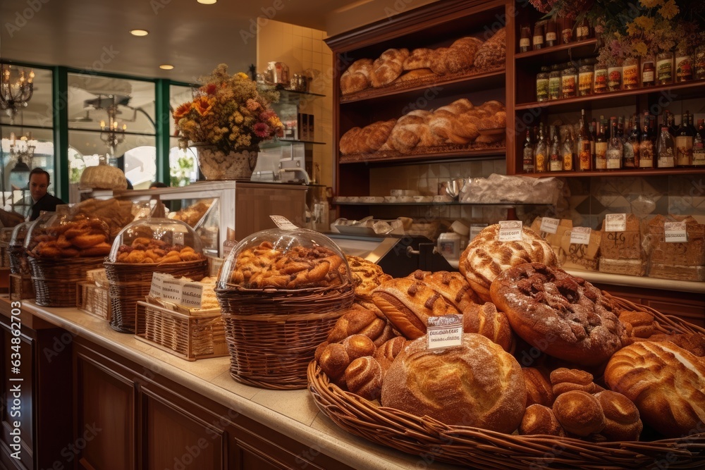 Picturesque setting in bakery with fresh breads and cakes., generative IA
