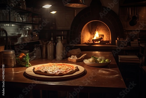 Cozy atmosphere in pizzeria with steaming margherita pizza., generative IA
