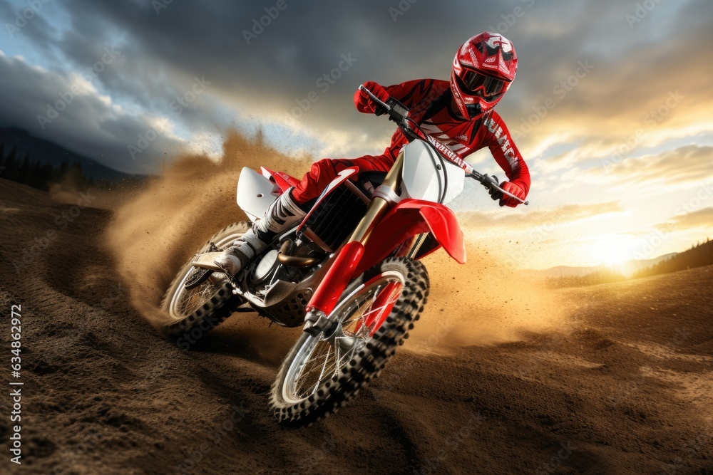 Extreme motocross MX Rider riding on dirt track. Generative AI