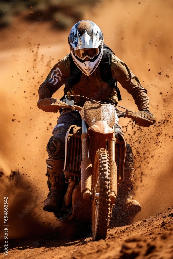 Extreme motocross MX Rider riding on dirt track. Generative AI Extreme motocross MX Rider riding on dirt track. Generative AI