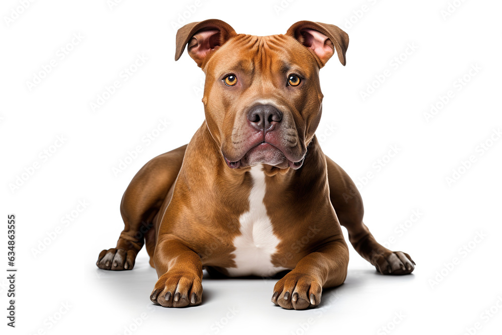 A Beautiful adult purebred American Pit Bull Terrier dog lying down on white background looking forward into camera A Beautiful adult purebred American Pit Bull Terrier dog lying down on white background looking forward into camera