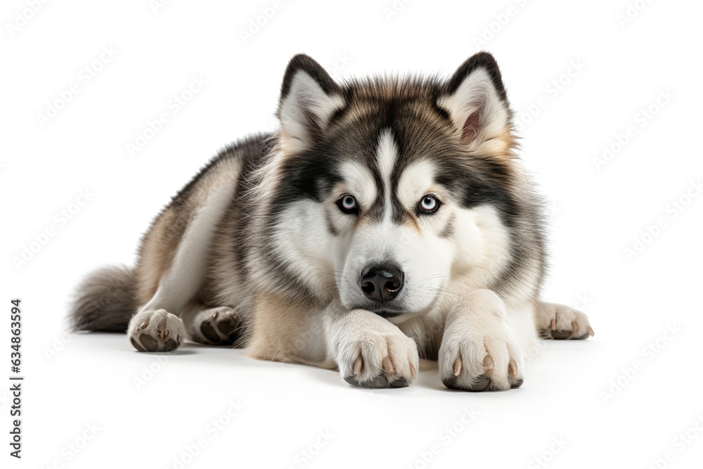 Beautiful purebred Alaskan Malamute young adult dog lying on white background looking forward at camera