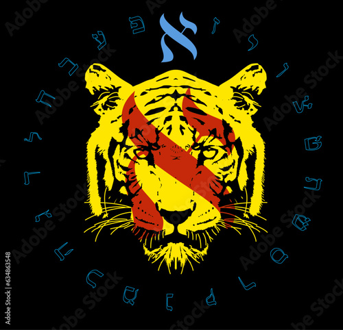 Vector illustration of a tiger face next to the Hebrew alphabet. Hebrew letter called Aleph garnde and blue.